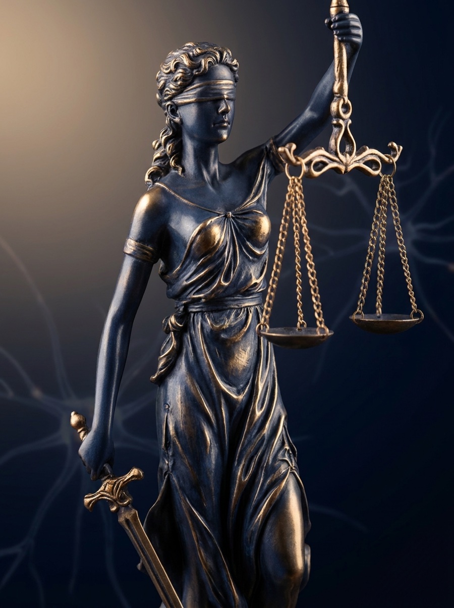 Bronze statue of Lady Justice holding scales, set against a neural-network background